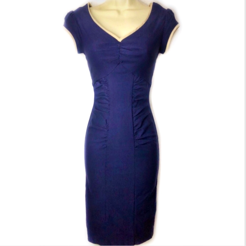 Stop Staring! Navy Shirred Pinup Pencil Dress XXS